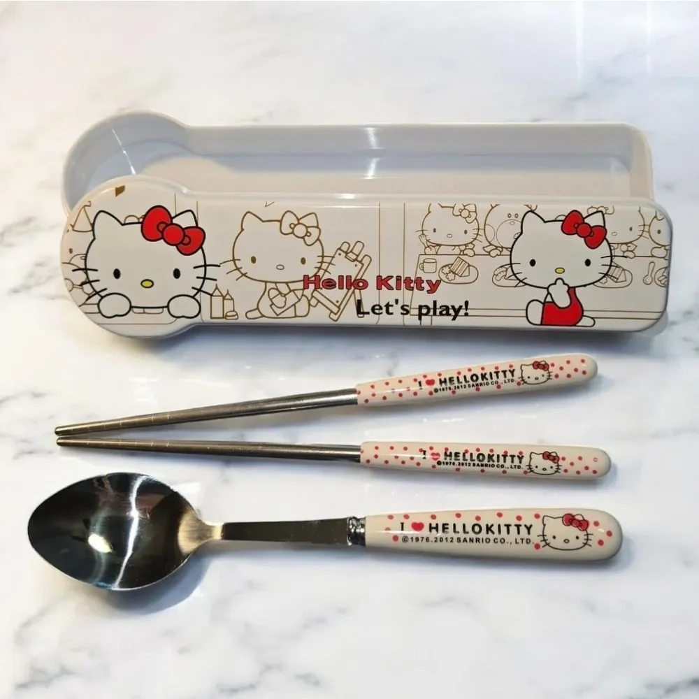 Hello Kitty Chopsticks Spoon Set Travel Case Kawaii Lunch Utensils 4pc NWT